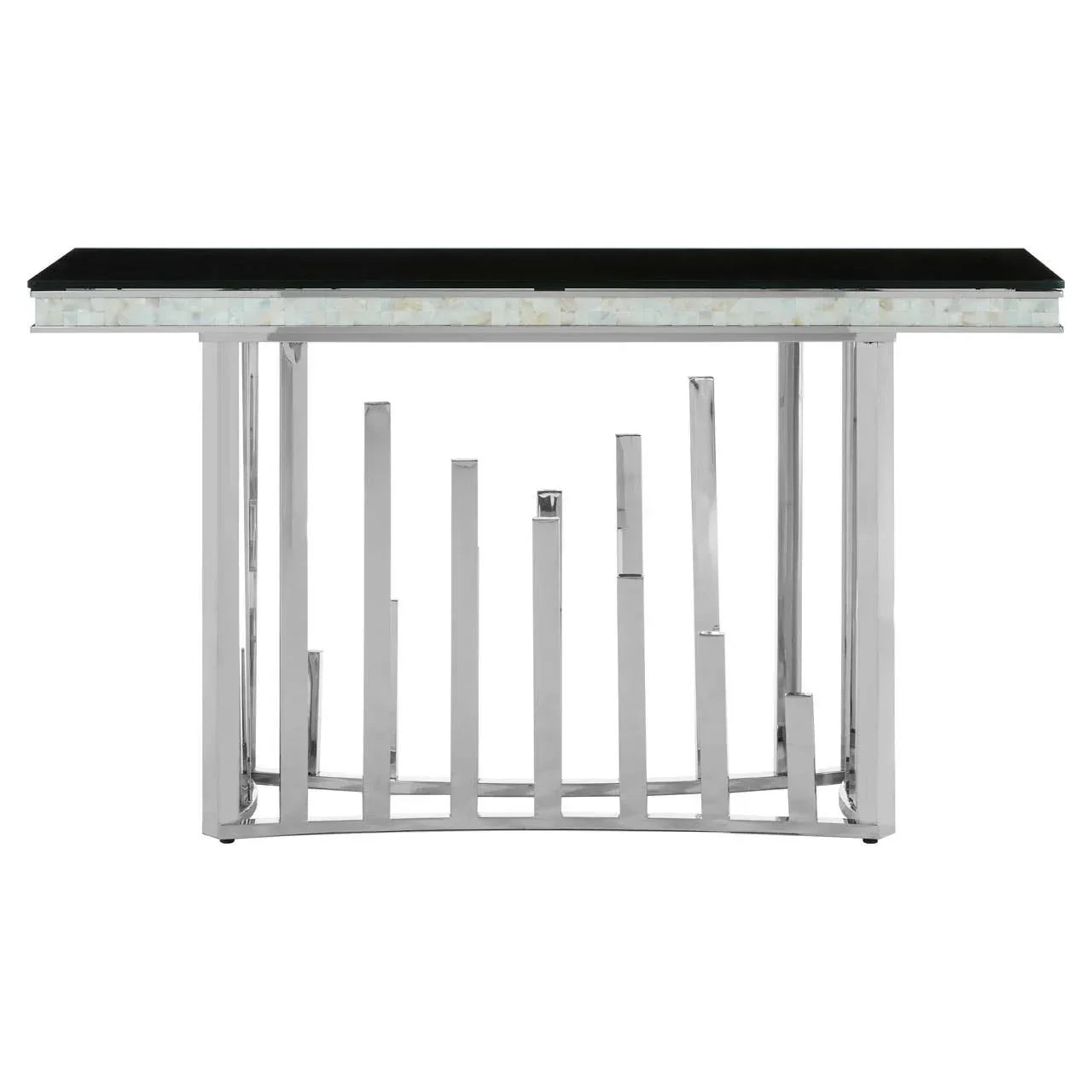 Chrome console table with black glass top and geometric metal base