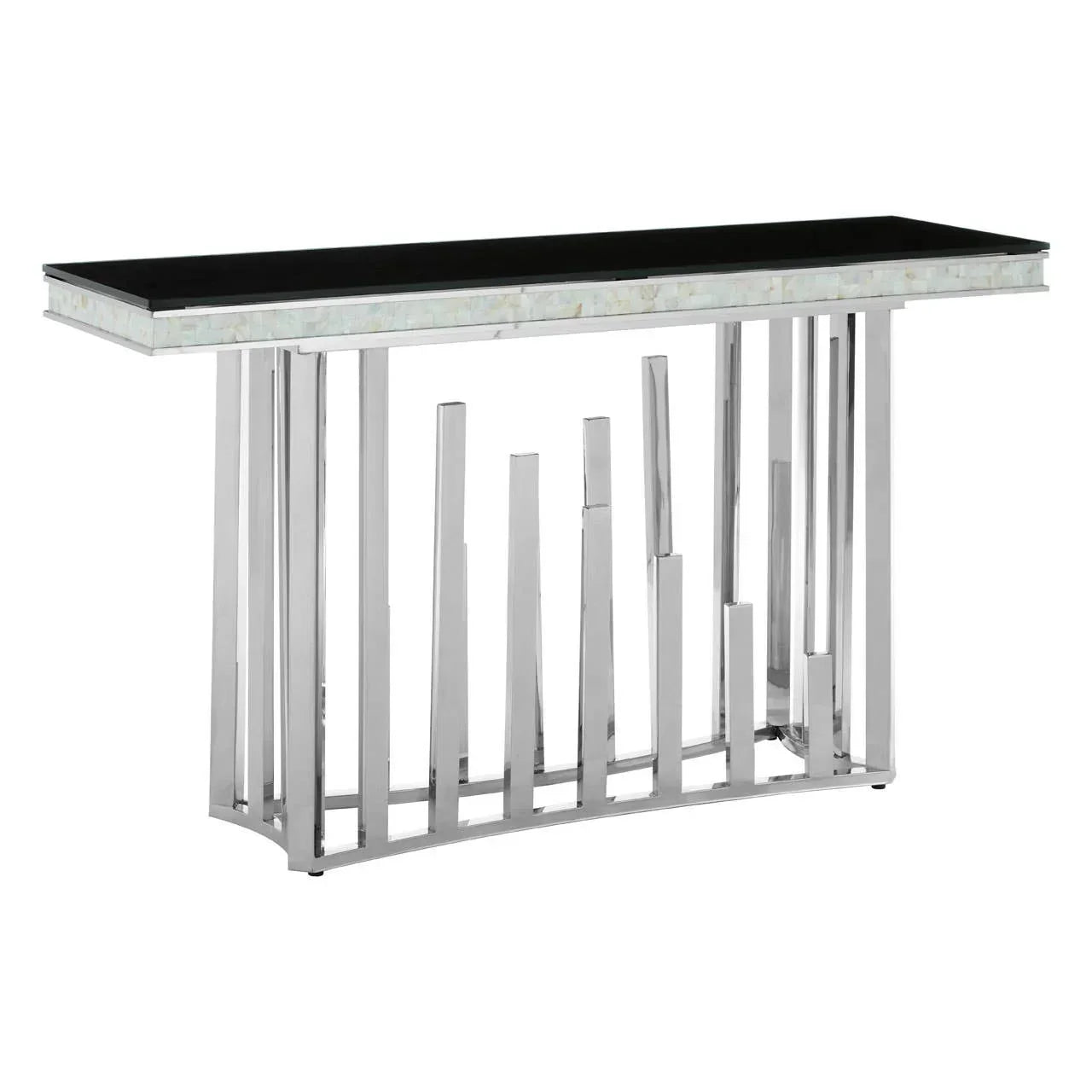 Modern console table with black glass top and chrome base featuring vertical bar design