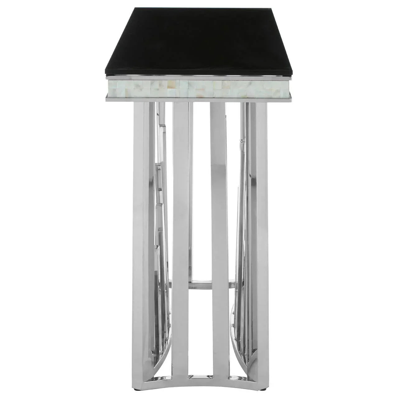 Chrome side table with black glass top and pearl effect trim, shown from narrow end view