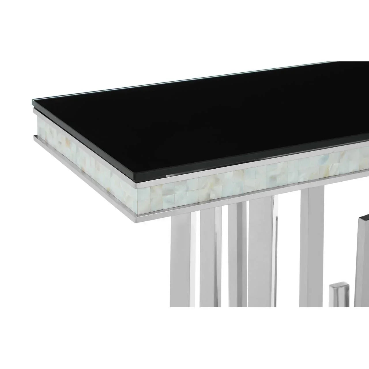 Black glass console table with chrome frame and white mother of pearl mosaic trim