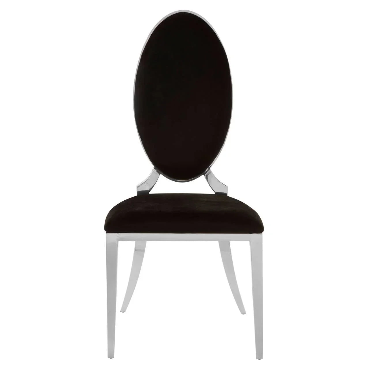 Black velvet dining chair with oval backrest and chrome legs, front view