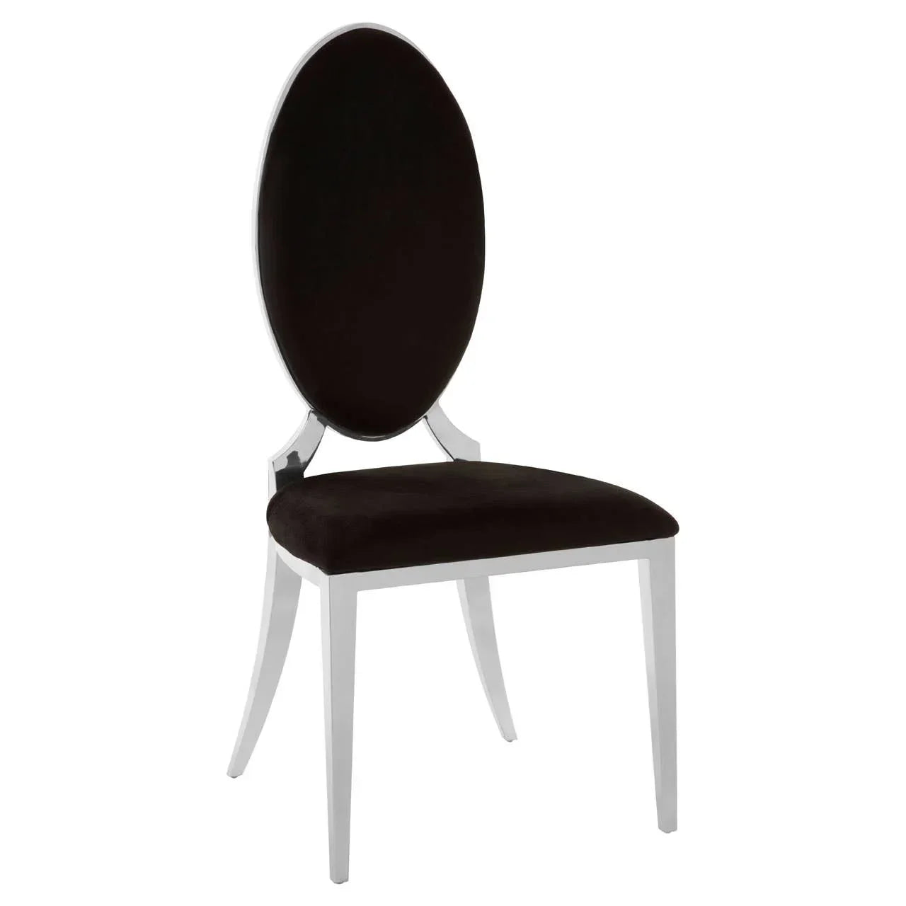 Black velvet dining chair with oval backrest and chrome frame