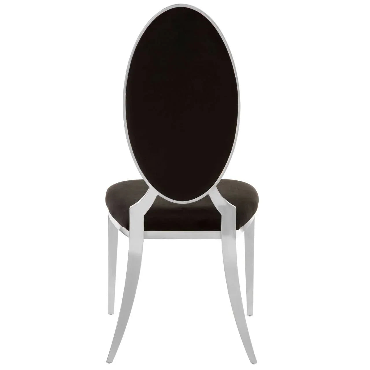 Black velvet dining chair with oval backrest and silver metal legs, rear view