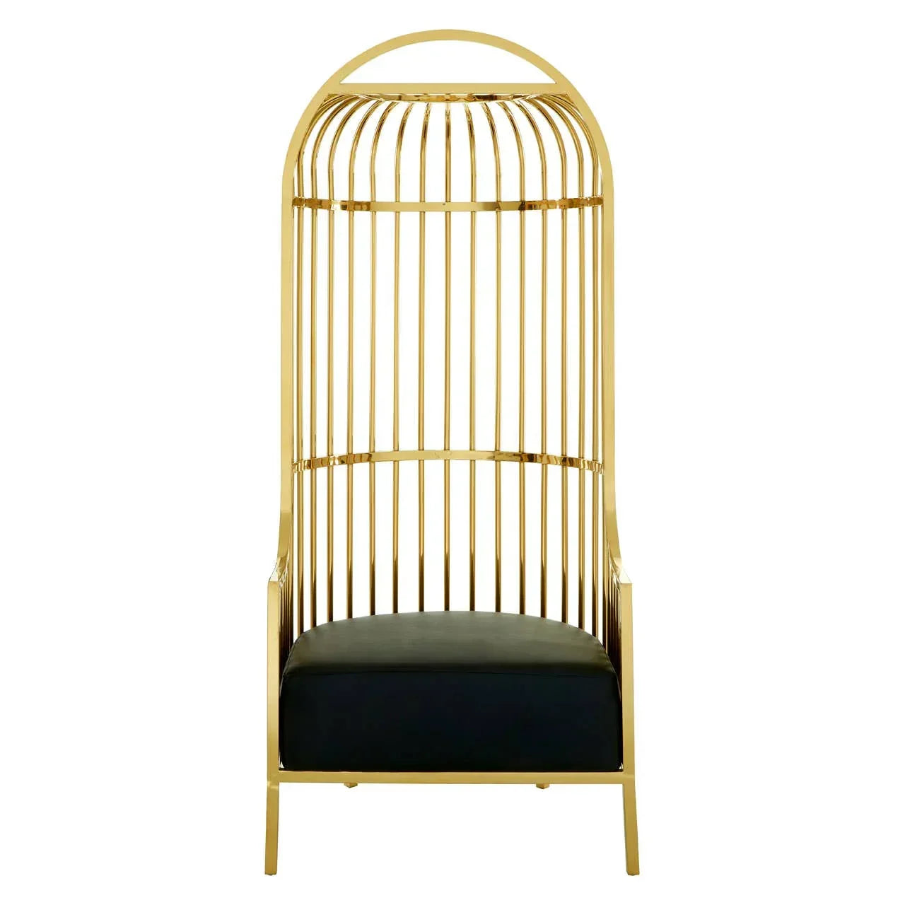 Gold frame accent chair with vertical bars and black cushion, front view