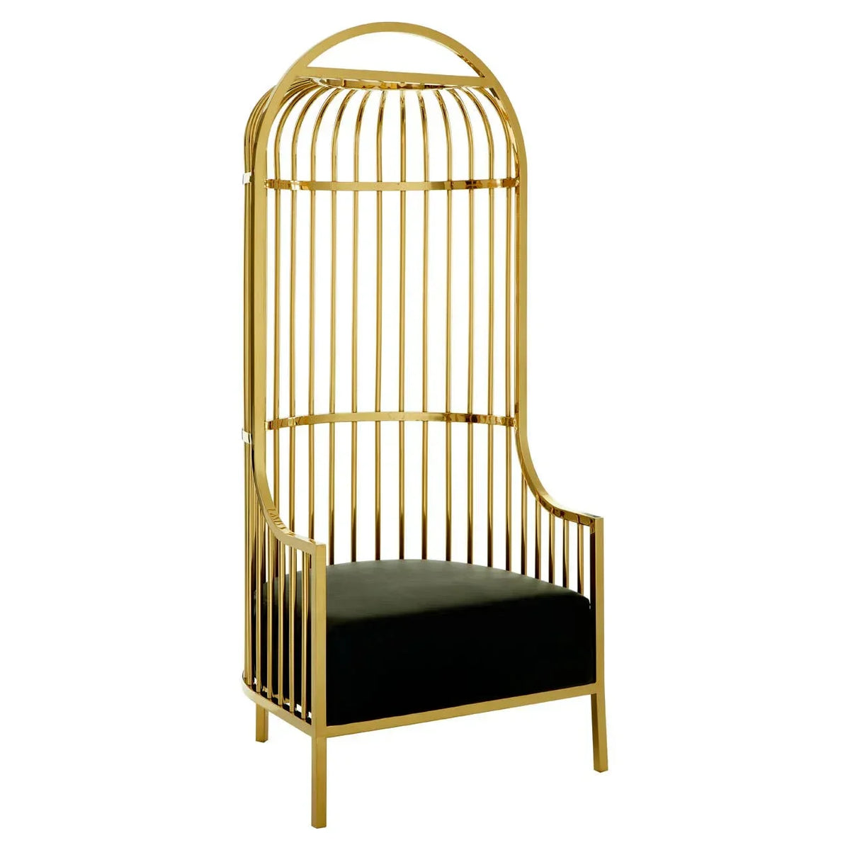 Gold metal accent chair with high cage-style back and black seat cushion