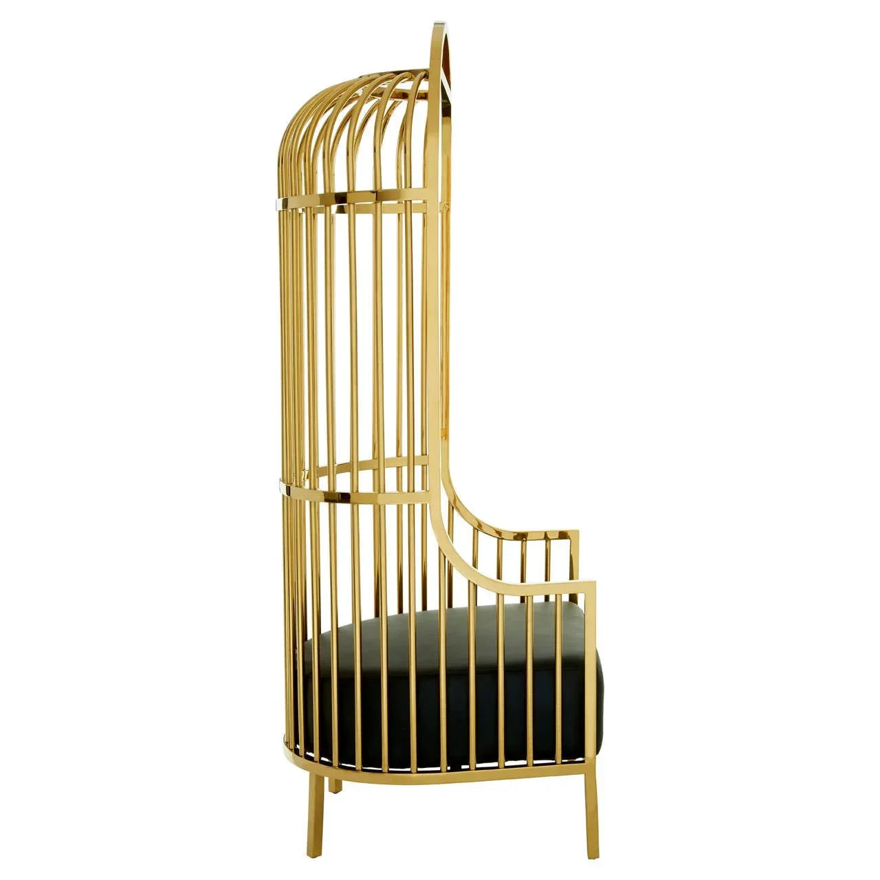 Gold metal accent chair with high cage-style back and black seat cushion, side view