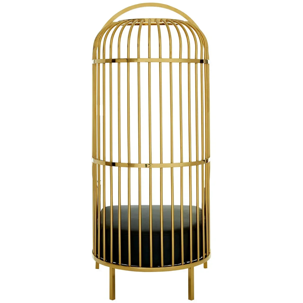 Modern gold accent chair with vertical metal bars and round black seat cushion