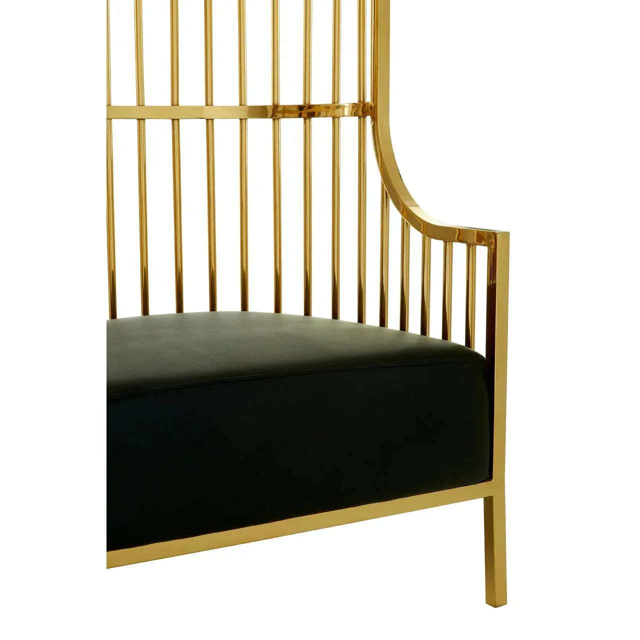 Gold metal accent chair with vertical slats and black upholstered seat, partial side view