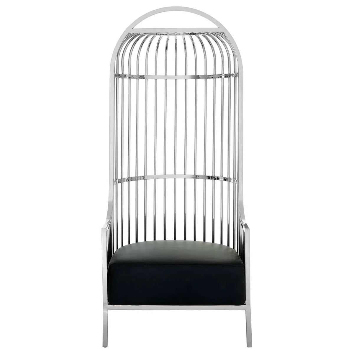 Modern chrome accent chair with black seat cushion and cage-style high back