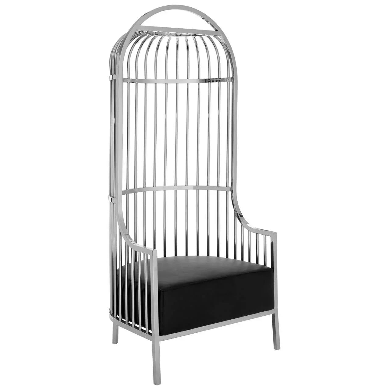 Modern high back chair with chrome metal cage frame and black cushioned seat