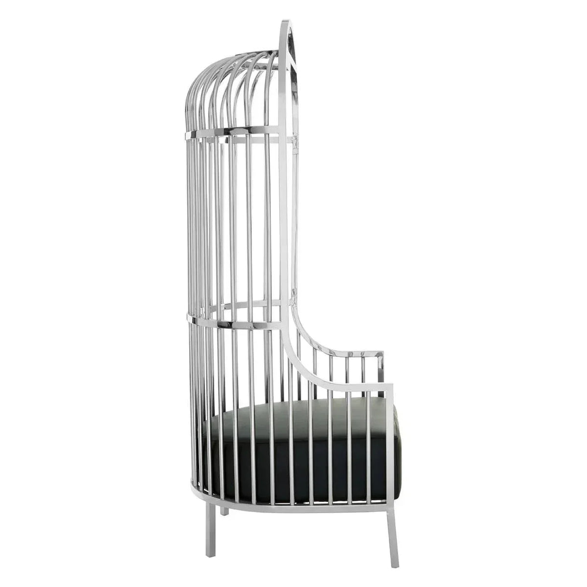 Silver metal cage accent chair with high back and black cushioned seat, side view