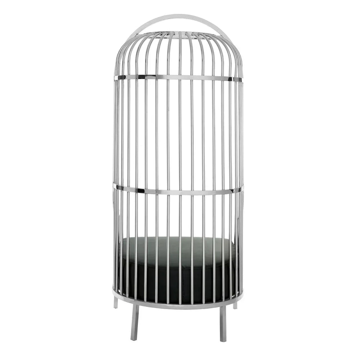 Tall silver accent chair with caged metal frame and round black padded seat, front view