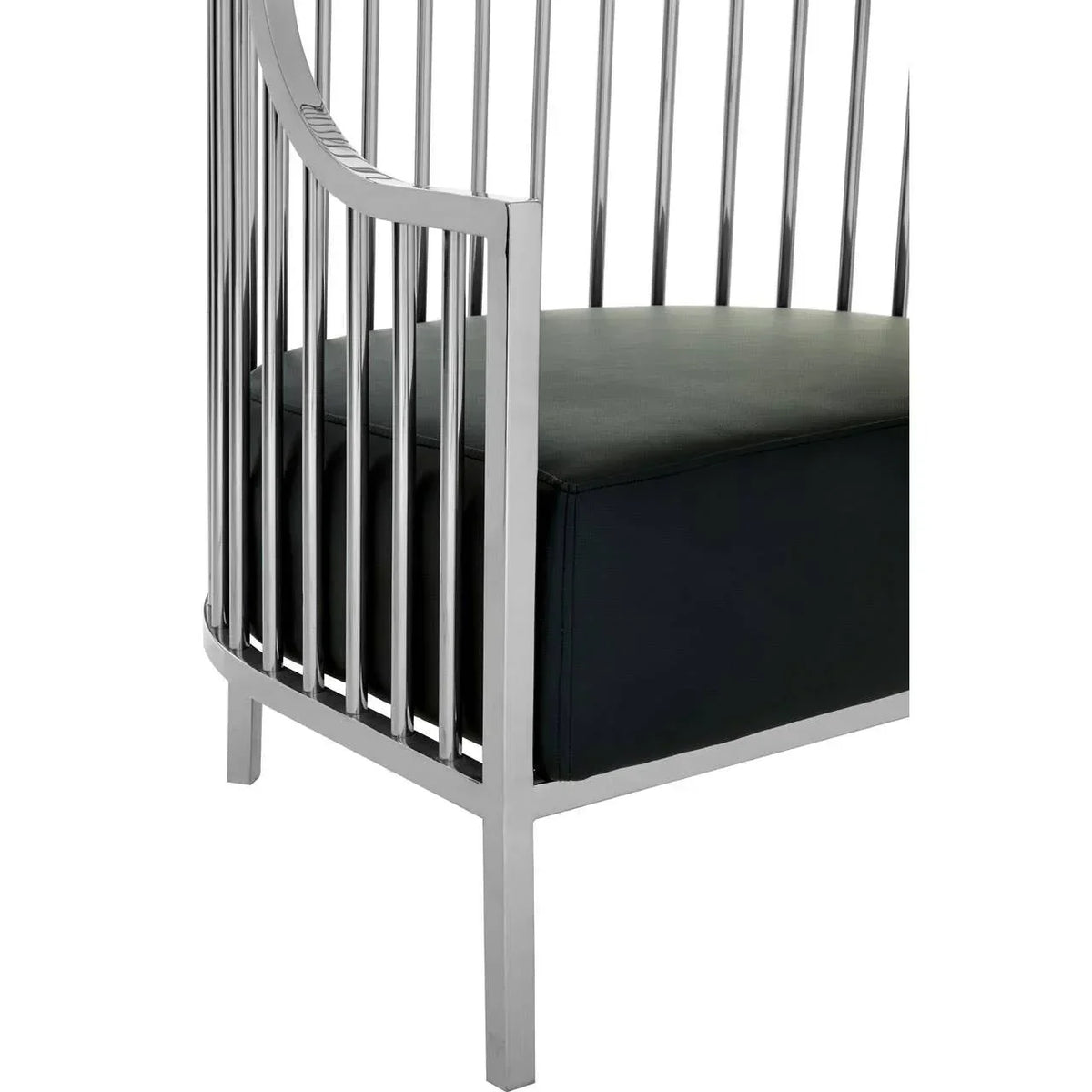 Chrome accent chair frame with black cushioned seat, modern vertical slat design