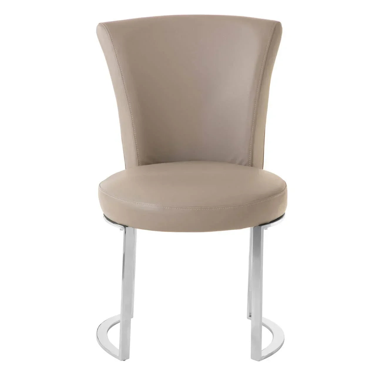 Beige leather dining chair with curved chrome legs and padded seat, front view