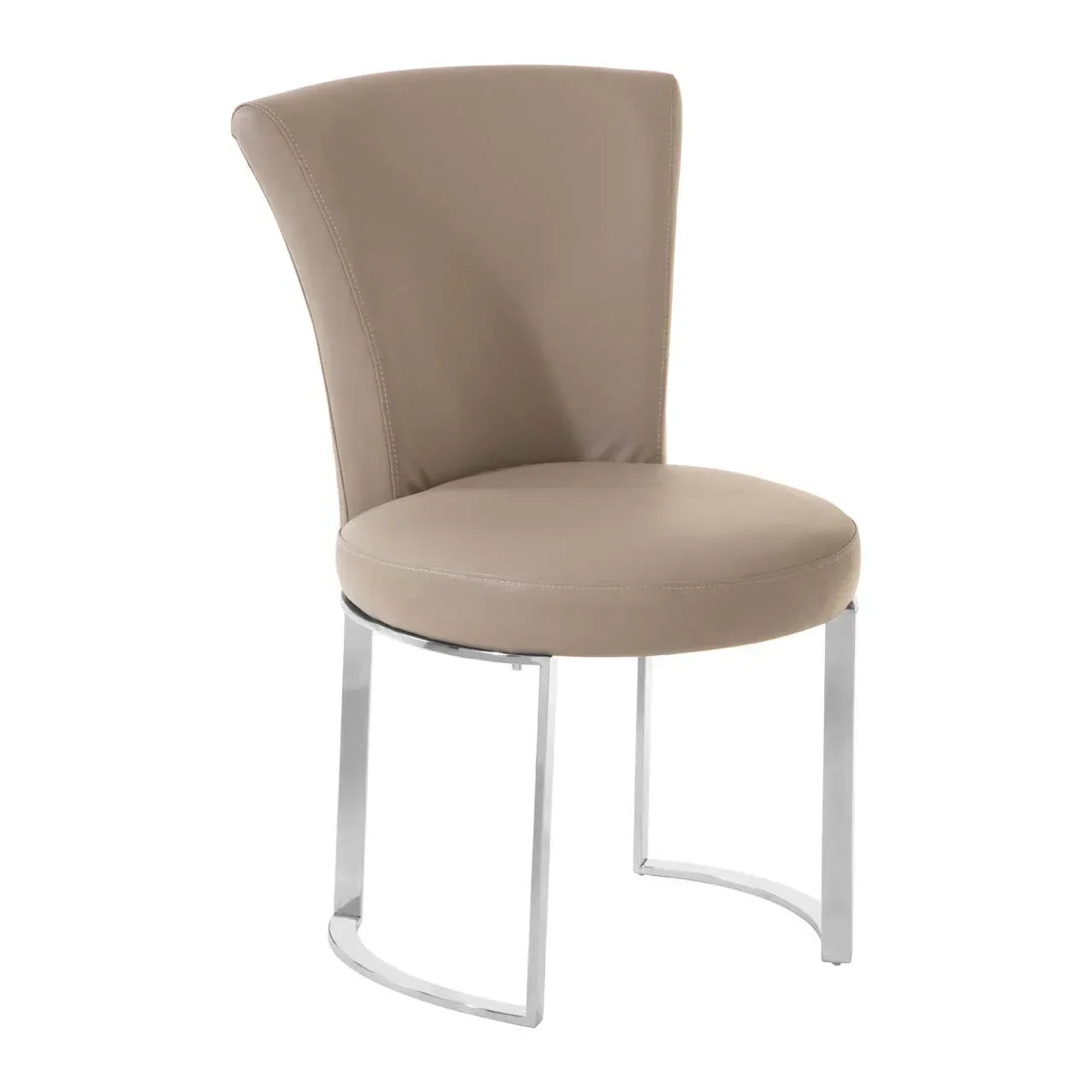 Taupe faux leather dining chair with chrome legs and curved backrest