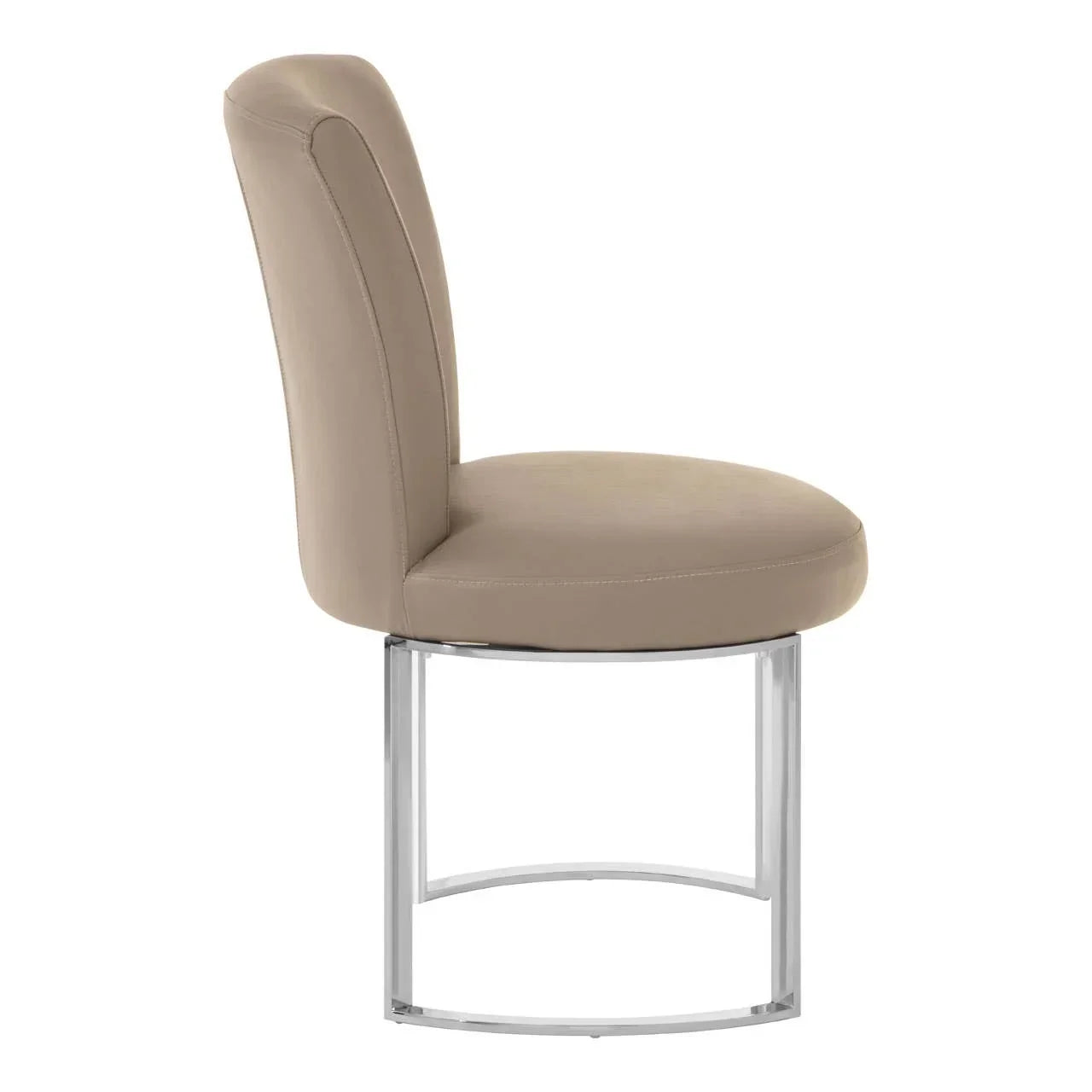 Taupe faux leather dining chair with chrome curved base, side profile view