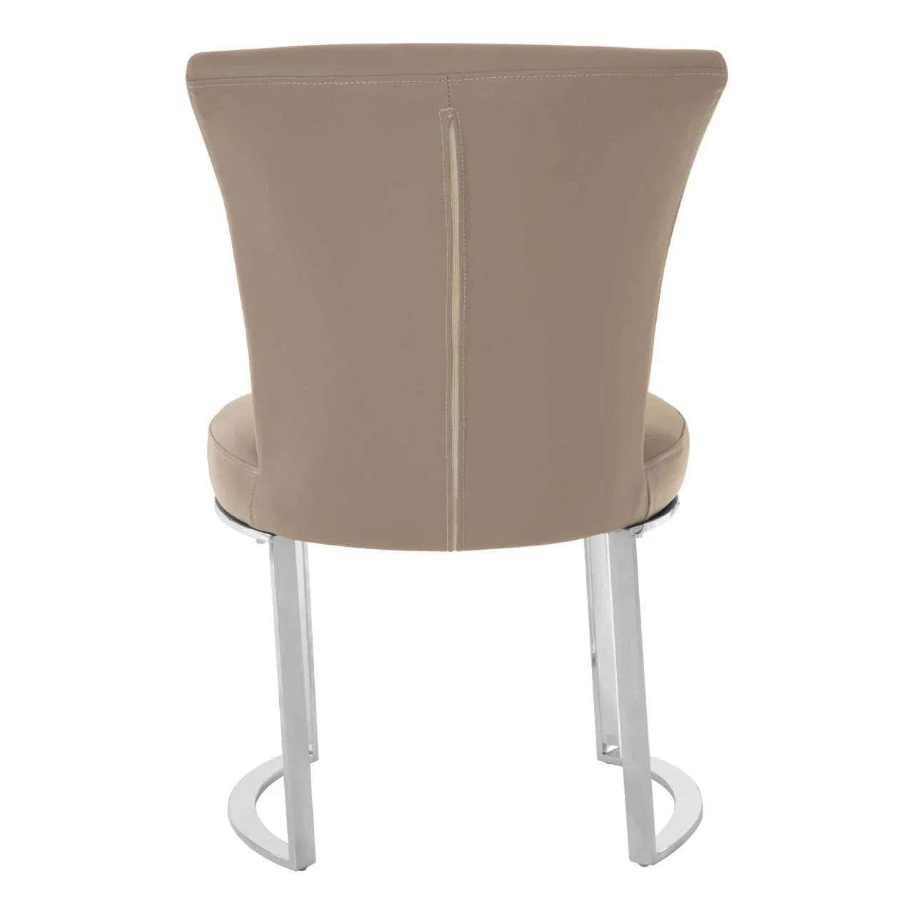 Beige dining chair with curved backrest and chrome legs, rear view