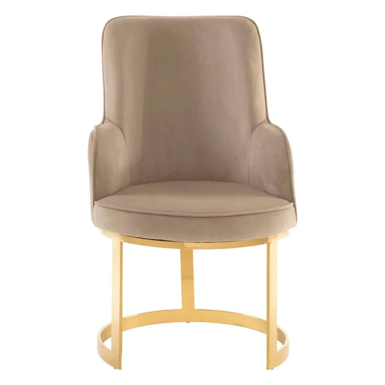 Taupe velvet dining chair with curved back and gold metal base, front view