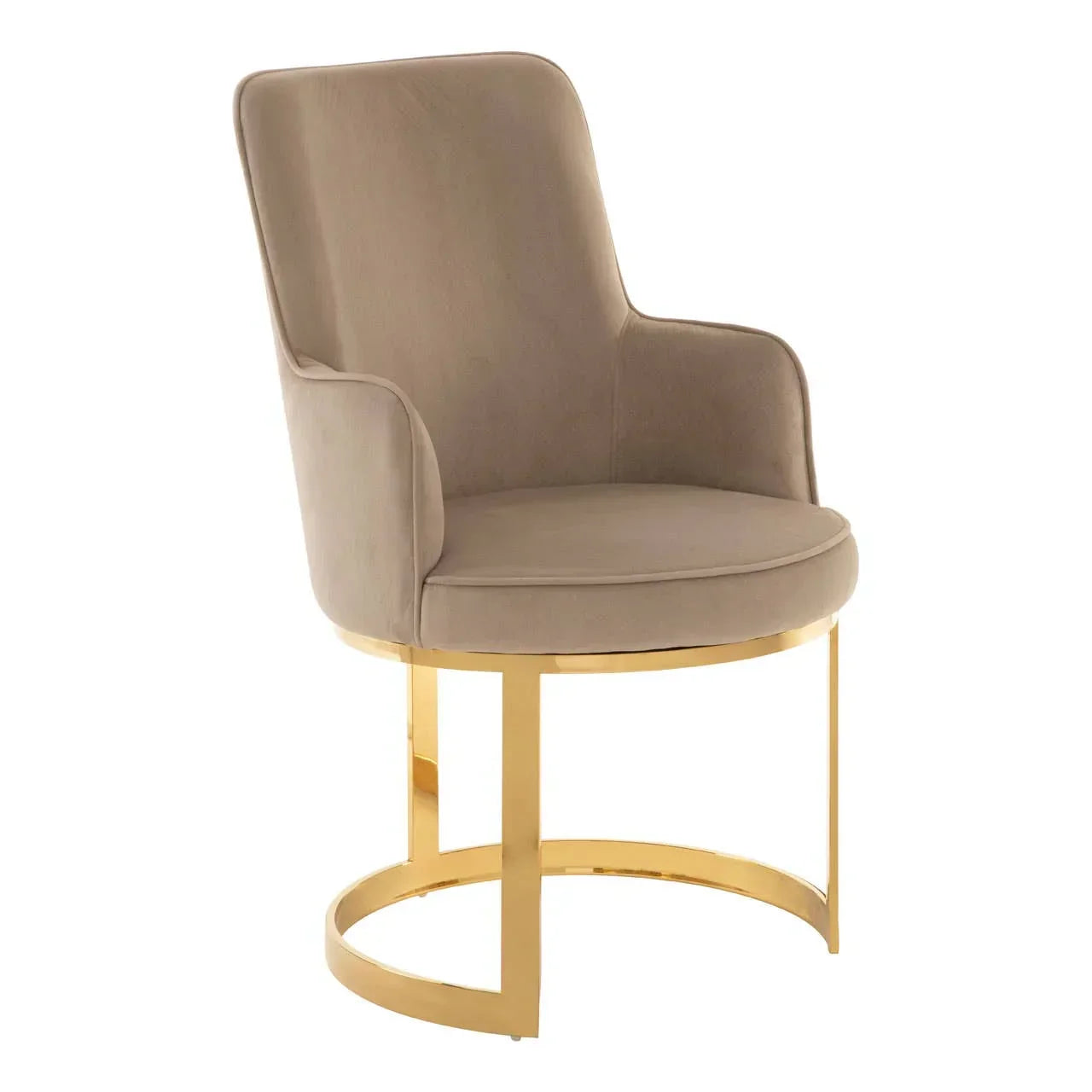 Beige velvet accent chair with gold metal frame and round seat