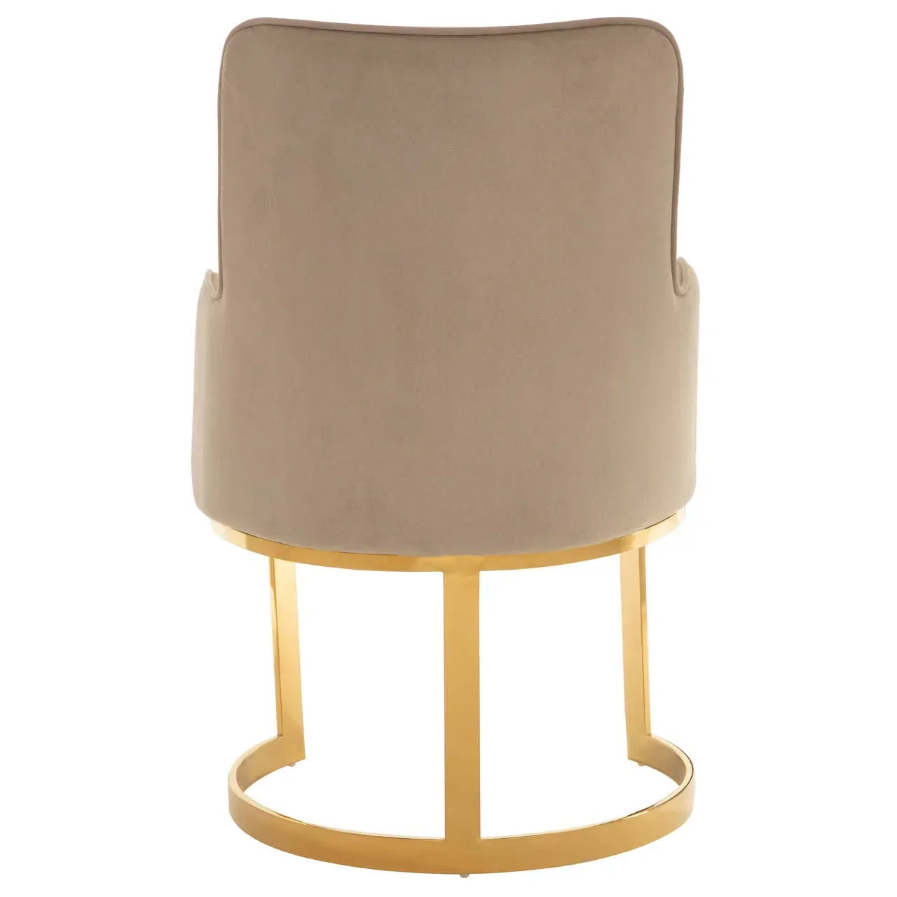 Beige velvet dining chair with gold metal frame shown from the back