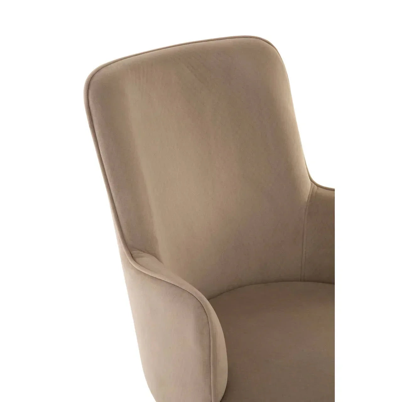 Beige upholstered dining chair with curved backrest and arm detail closeup