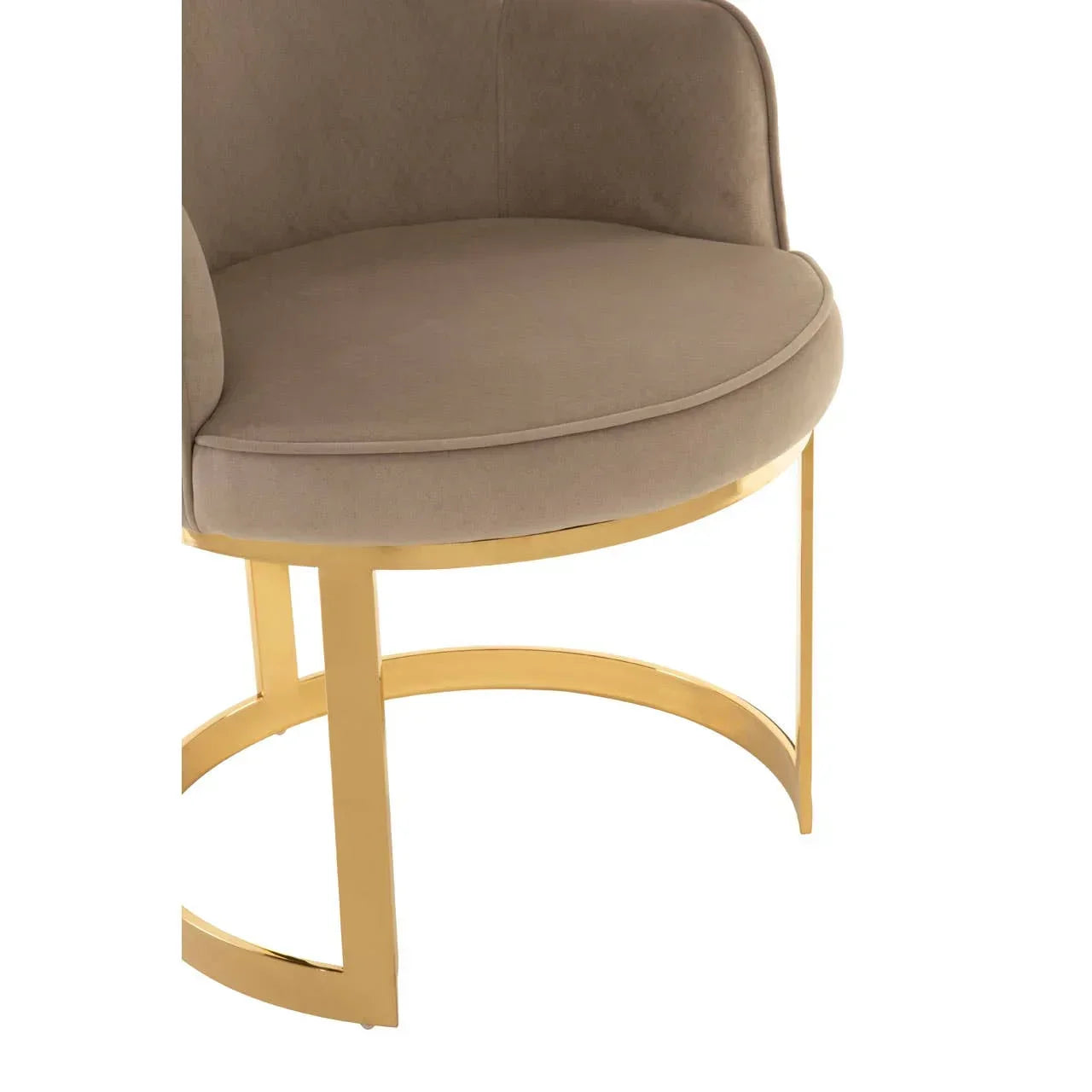 Beige upholstered chair with gold metal legs and circular base, close-up view
