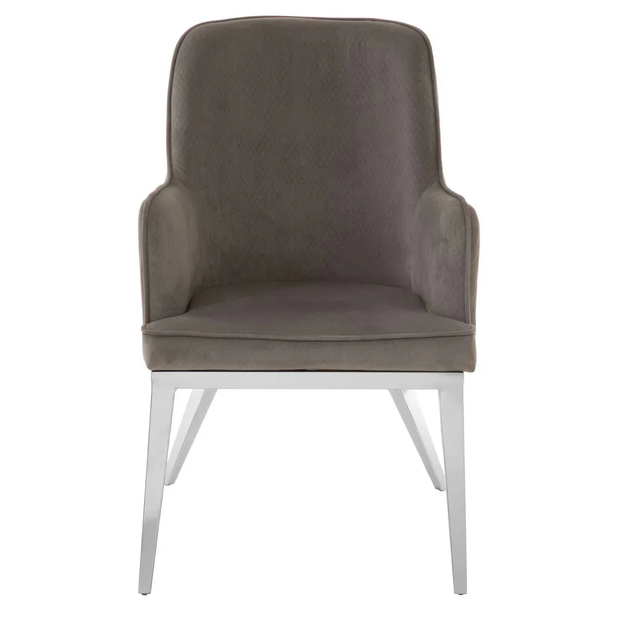 Grey velvet dining chair with chrome legs front view