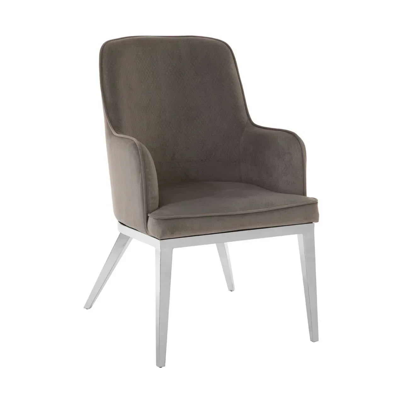 Grey velvet accent chair with high backrest and chrome legs