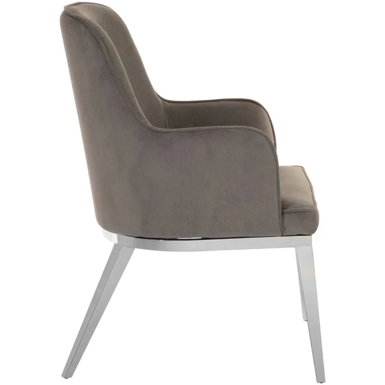 Grey upholstered dining chair with chrome legs shown from side view