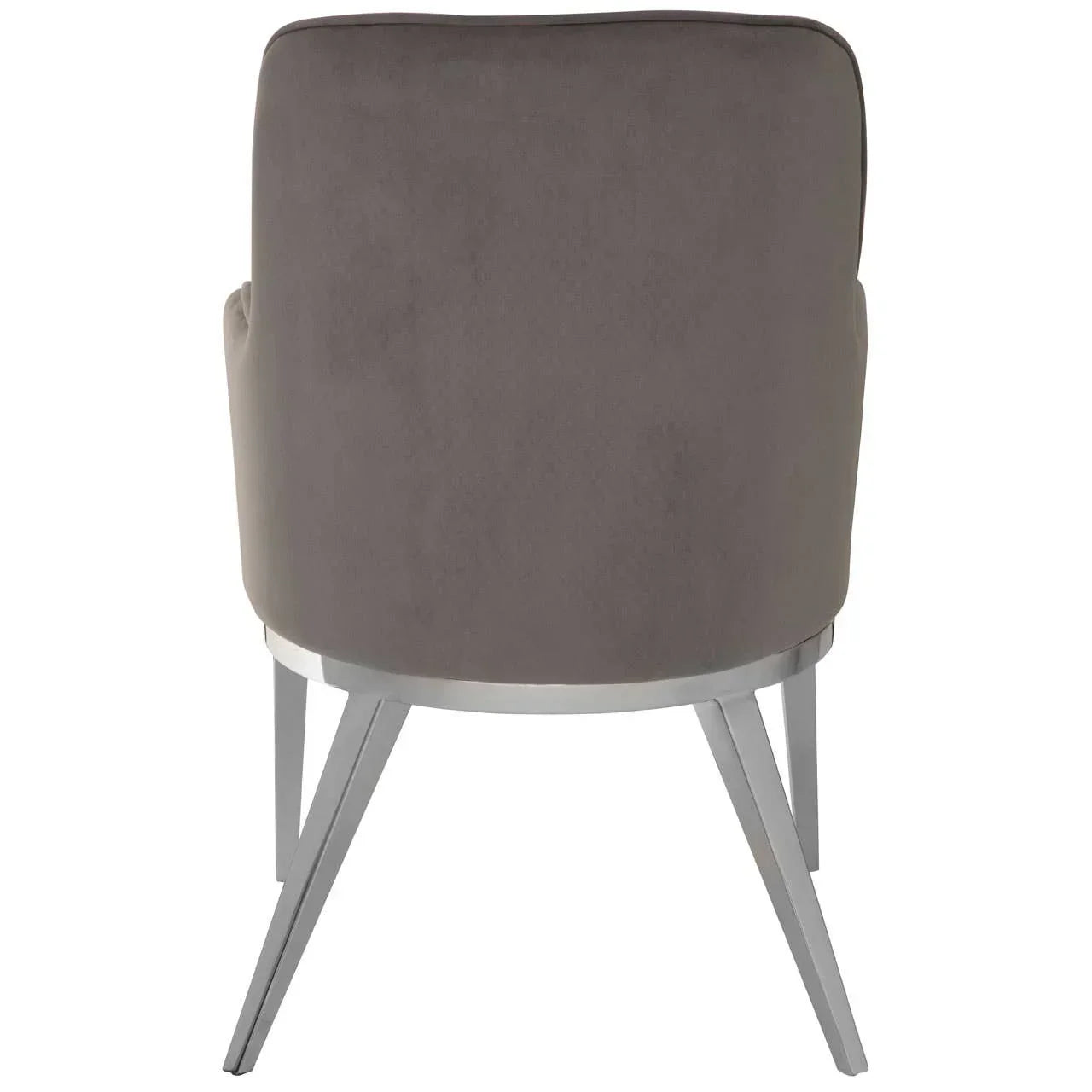 Grey velvet accent chair with curved back and metal legs, rear angle view