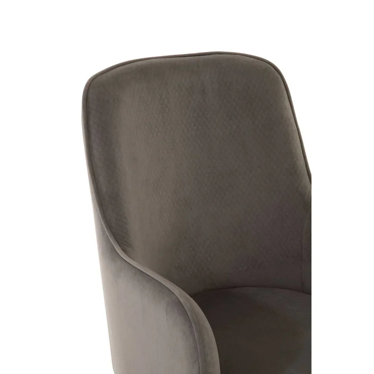 Close-up of grey velvet dining chair backrest and armrest