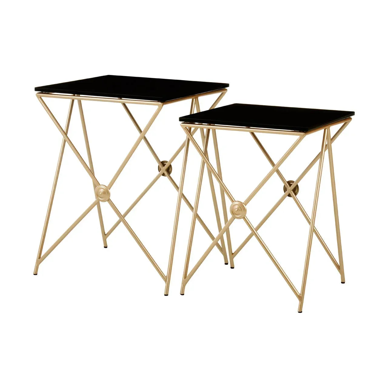 Set of two gold metal side tables with black glass tops and geometric frames