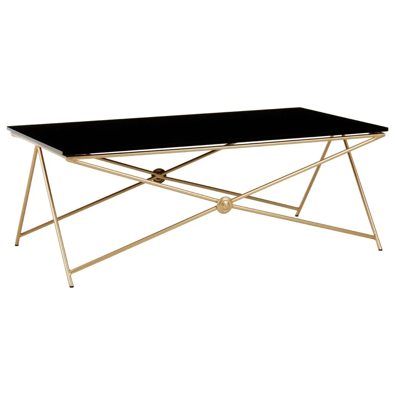 Rectangular black glass coffee table with gold metal frame and geometric legs