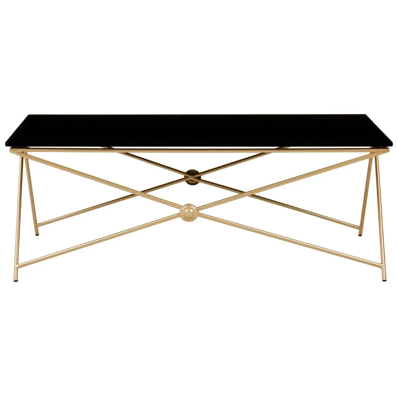 Black glass coffee table with gold metal frame and geometric base