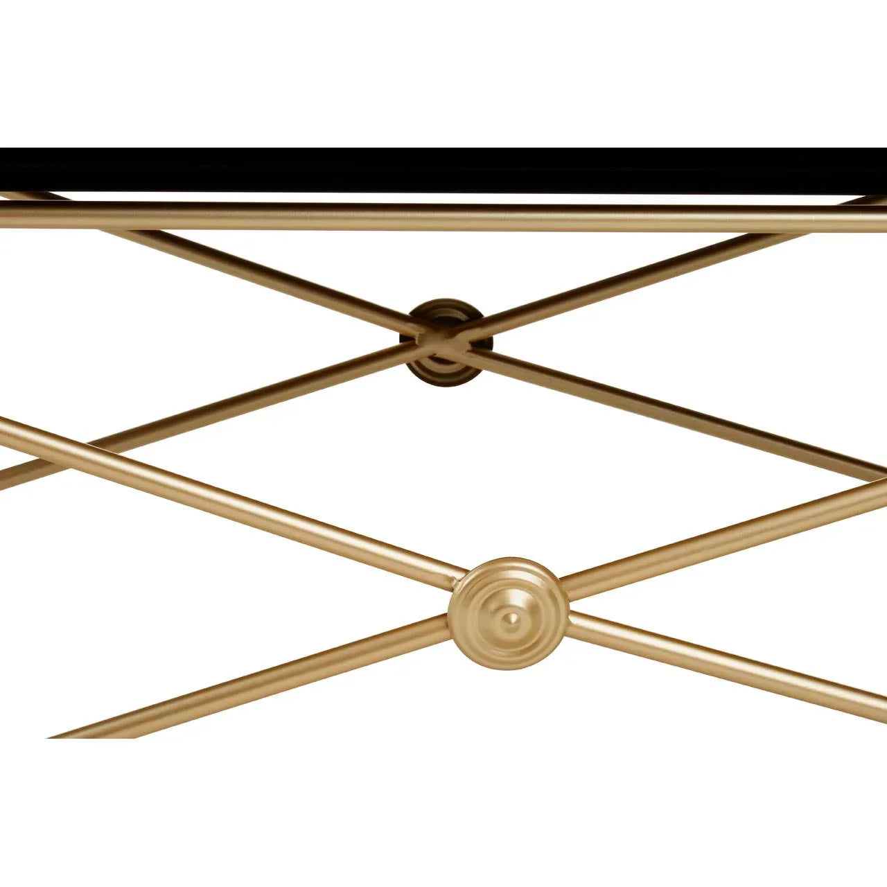Gold metal coffee table frame with crisscross support and decorative center detail