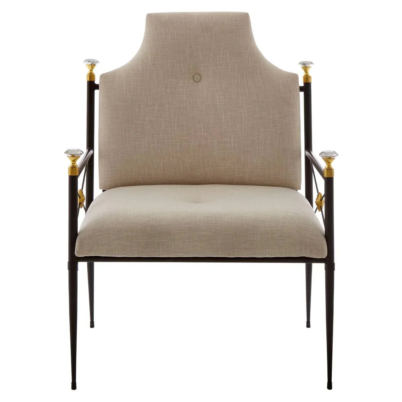 Beige upholstered accent chair with black metal frame and gold crystal finial details
