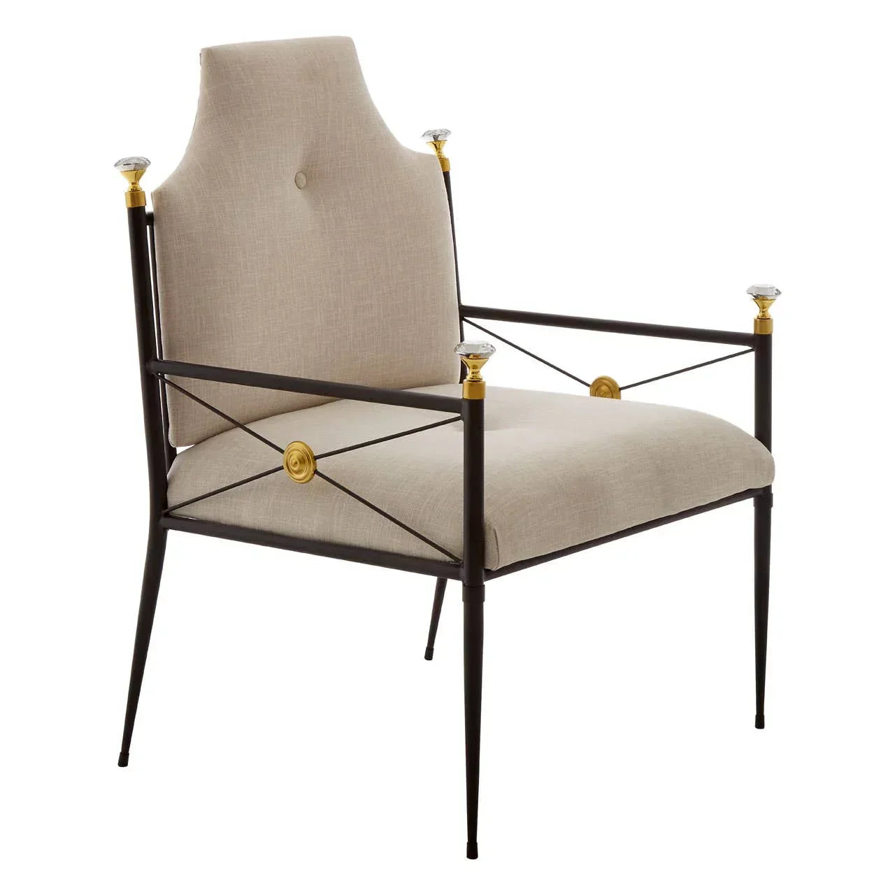 Beige upholstered accent chair with black metal frame and gold decorative detail
