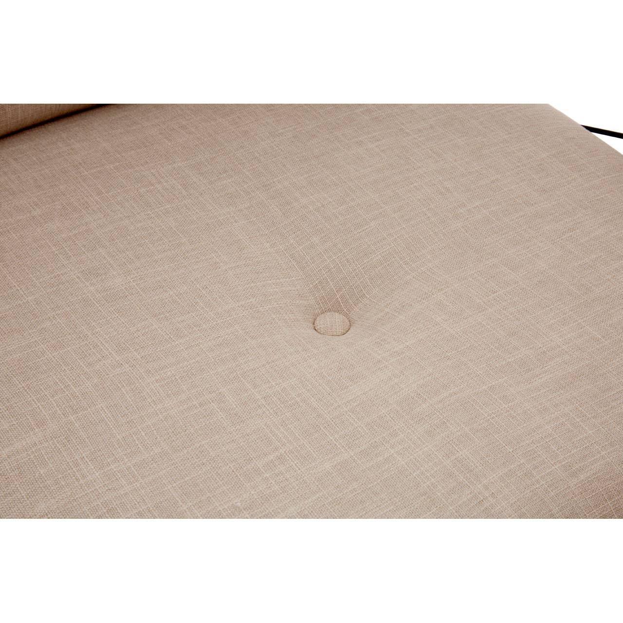 Beige fabric sofa seat with single button tuft detail, close-up of textured upholstery