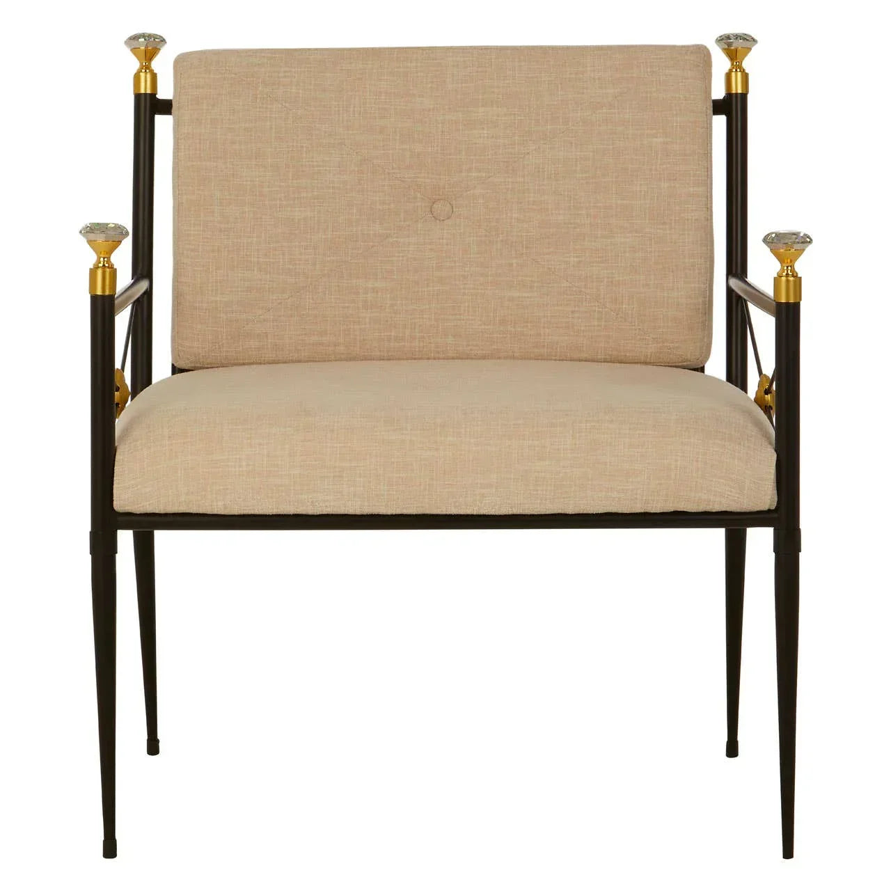 Beige upholstered accent chair with black metal frame and gold finial armrest details