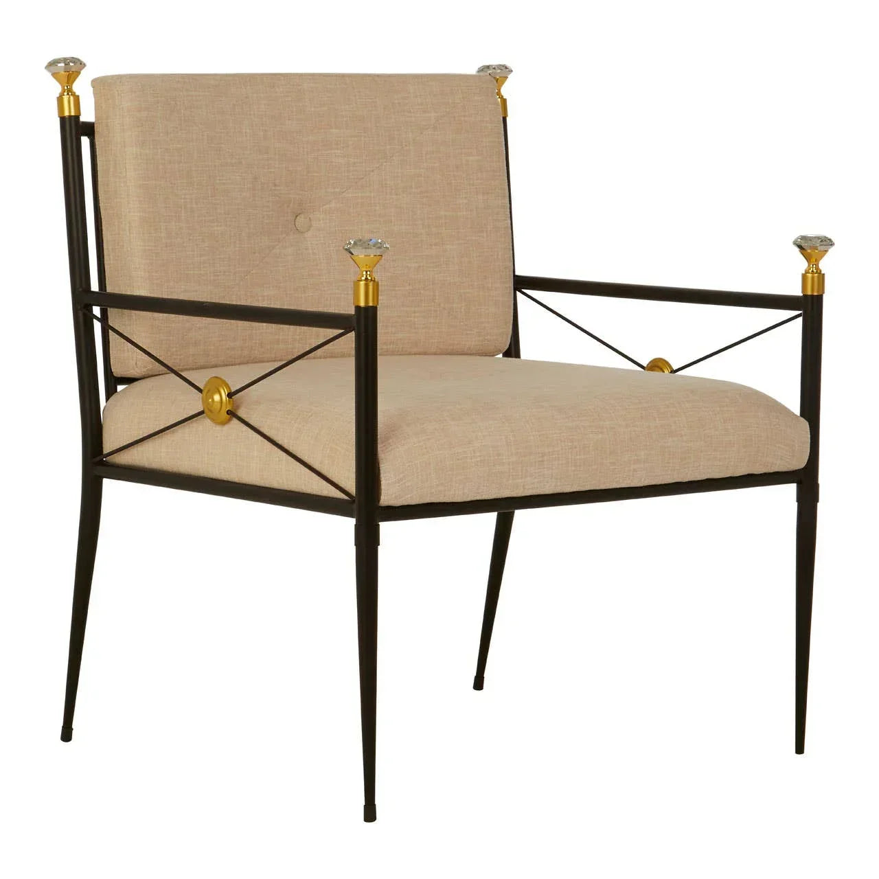 Beige upholstered accent chair with gold and glass finials on black metal frame