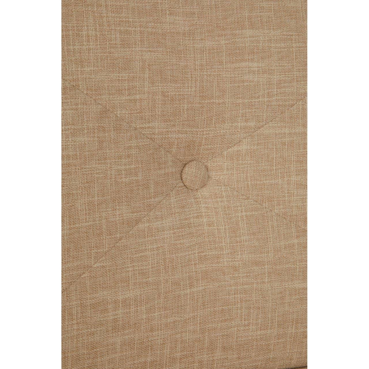 Beige fabric upholstered chair back with button detail and textured weave pattern