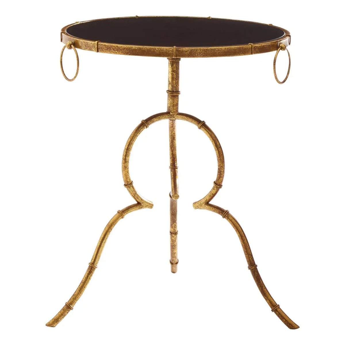 Gold metal side table with round black top and ring handles on curved tripod base