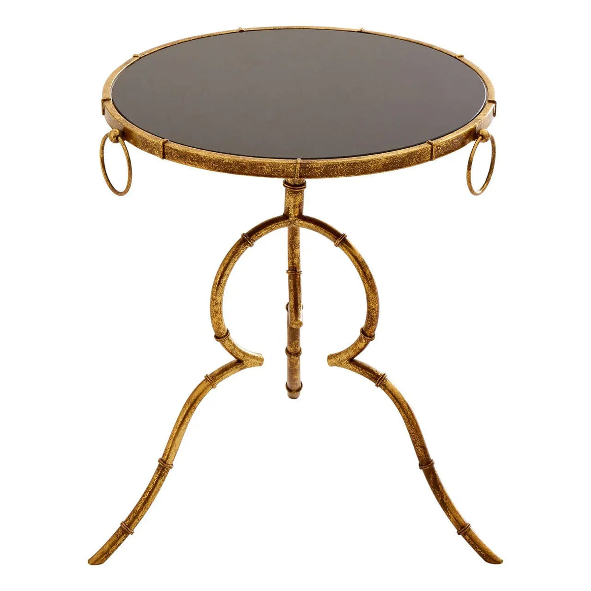 Round side table with gold metal bamboo frame and black glass top