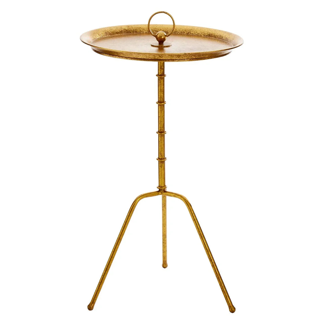 Gold metal side table with round tray top and three-legged base