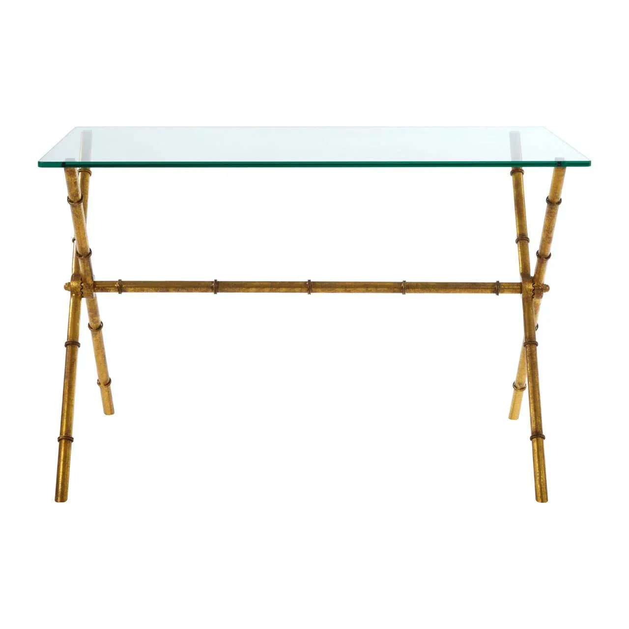 Glass console table with gold bamboo-style metal frame, front view