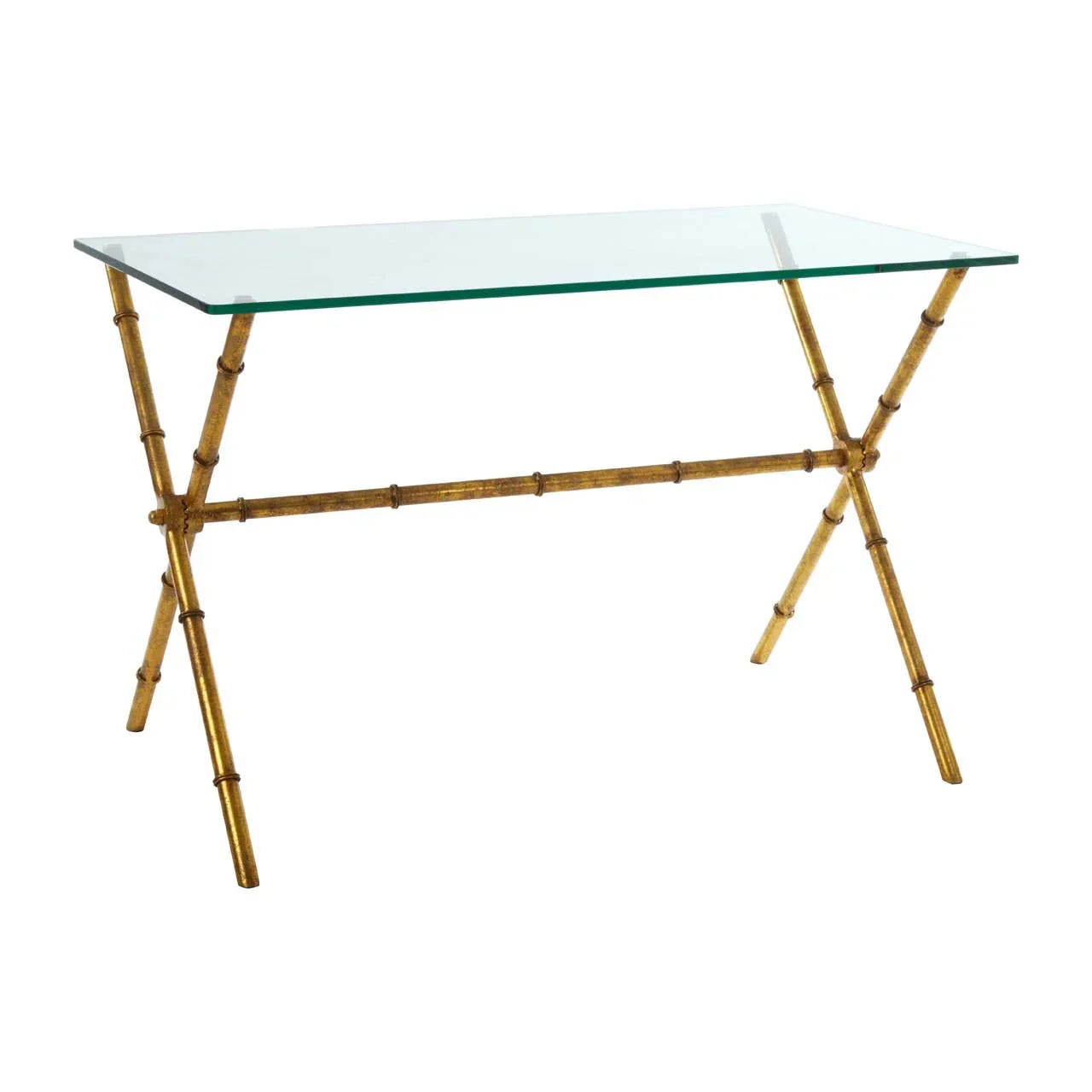Glass top desk with gold bamboo-style metal legs on white background
