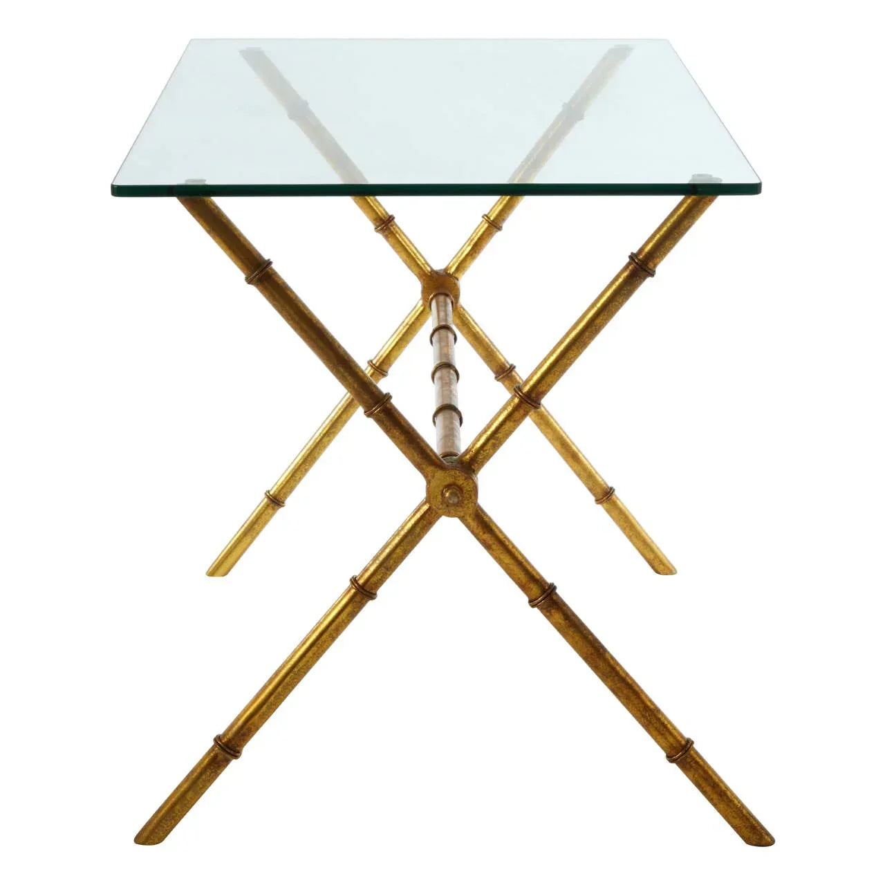 Square glass top side table with gold metal crossed legs