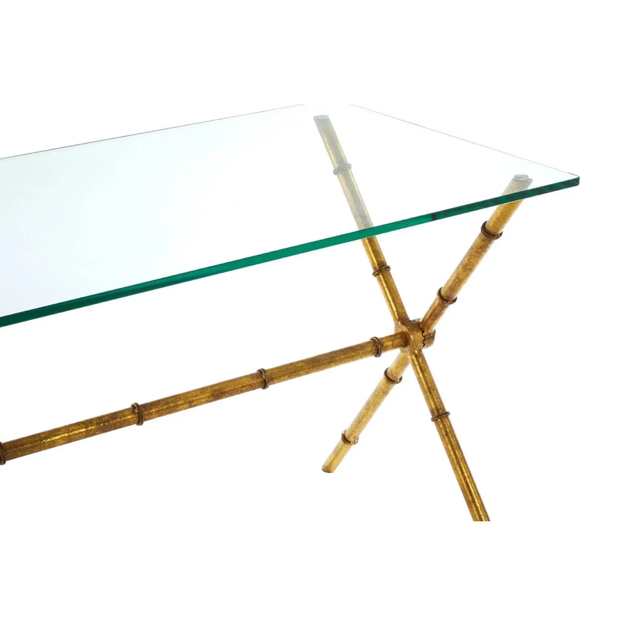 Glass top table with gold bamboo style metal legs, corner and leg detail shown