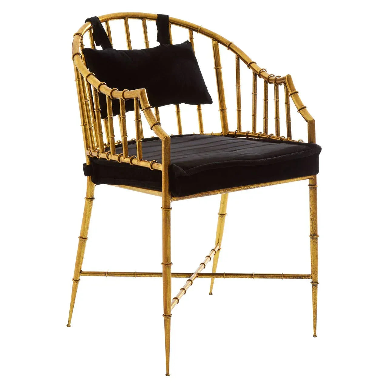 Gold metal armchair with black velvet cushion and backrest, angled front view
