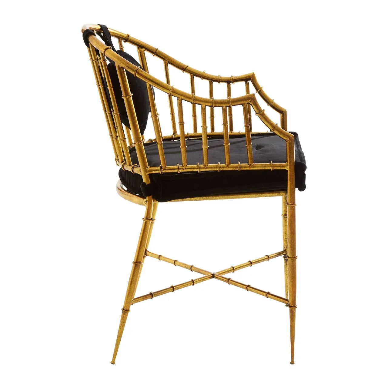 Gold metal accent chair with bamboo-style frame and black seat cushion, side profile view